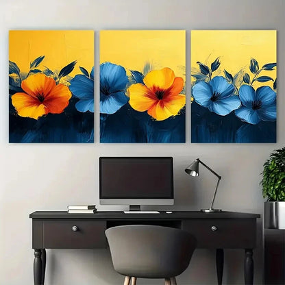 3pcs Neon Yellow Blue Abstract Floral Pattern Metal Print Ready to Hang Art