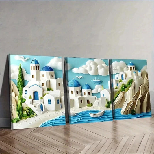 3pcs The Cyclades Islands of Greece,Wall Art Set Canvas Framed 50x70cm - High Quality Print 100% Australian Made Wall Canvas Ready to Hang