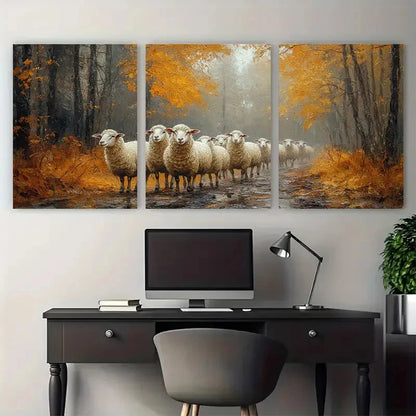 3pcs Textured Village Sheep Illustration Wall Art Set Canvas Framed 40x60cm - High Quality Print 100% Australian Made Wall Canvas Ready to Hang