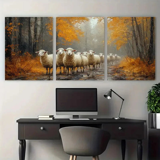 3pcs Textured Village Sheep Illustration Wall Art Set Canvas Framed 40x60cm - High Quality Print 100% Australian Made Wall Canvas Ready to Hang