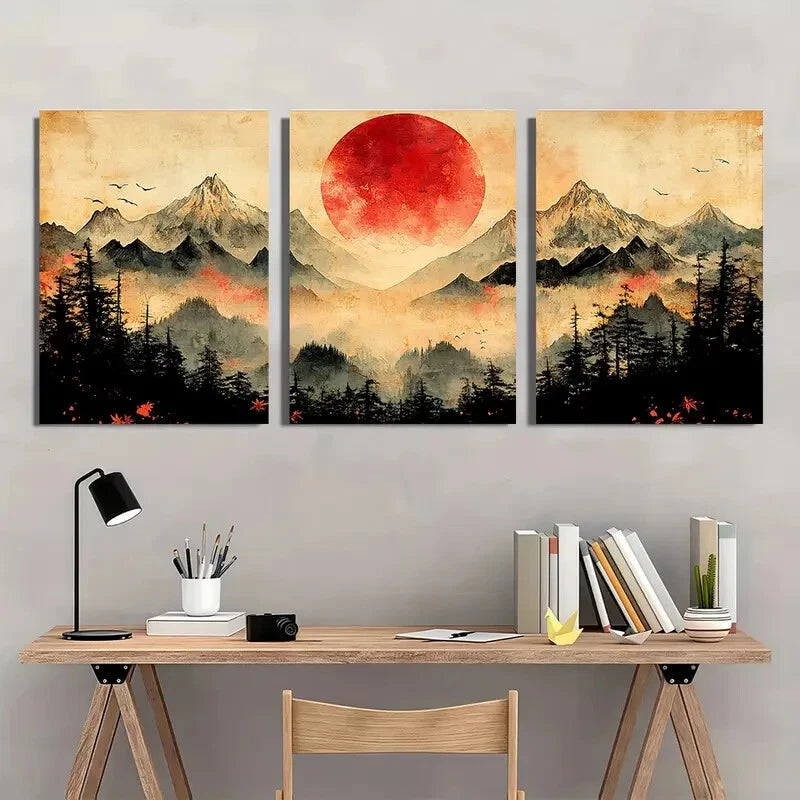 3pcs Sunrise Over The Mountains Retro Style Metal Print Ready to Hang Art