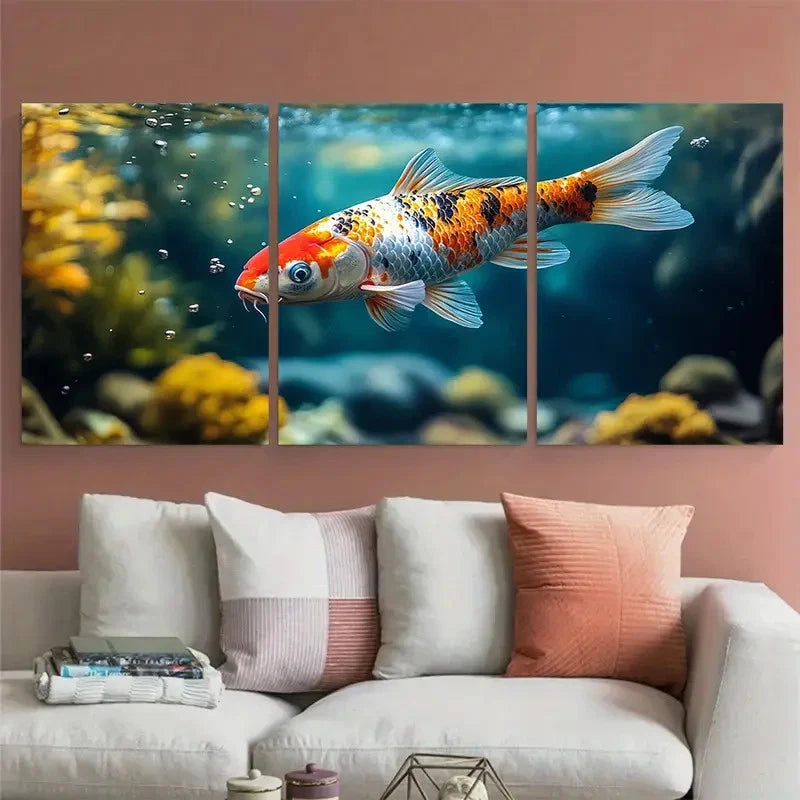 3pcs Vibrant Koi Carp Swimming in Water Design Metal Print Ready to Hang Art