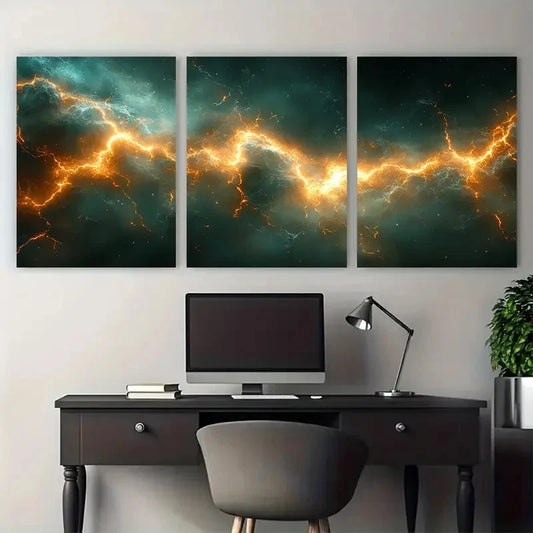 3pcs Vibrant Modern Green Crackling Thunderbolt Metal Print Ready to Hang Art