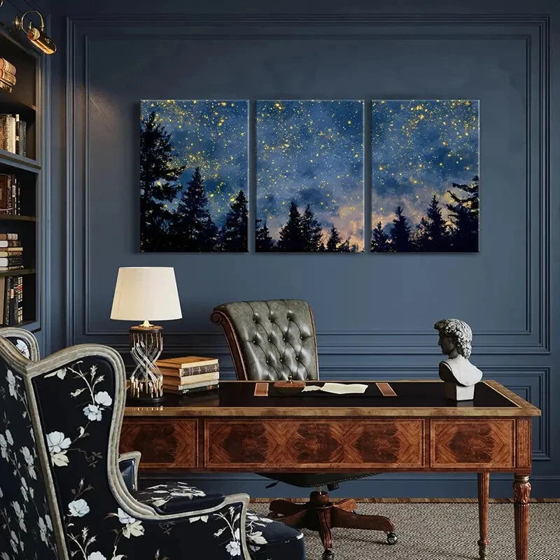 3pcs Forest Night Sky Starry Landscape Pine Trees Metal Print Ready to Hang Art
