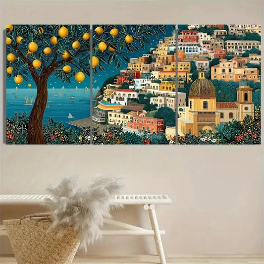 3pcs Positano Lemon Tree Amalfi Coast Art Italy Wall Art Set Canvas Framed 50x70cm - High Quality Print 100% Australian Made Wall Canvas Ready to Hang