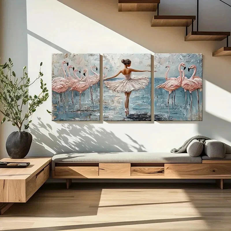 3pcs Flamingo Ballerina Canvas Painting Style Metal Print Ready to Hang Art