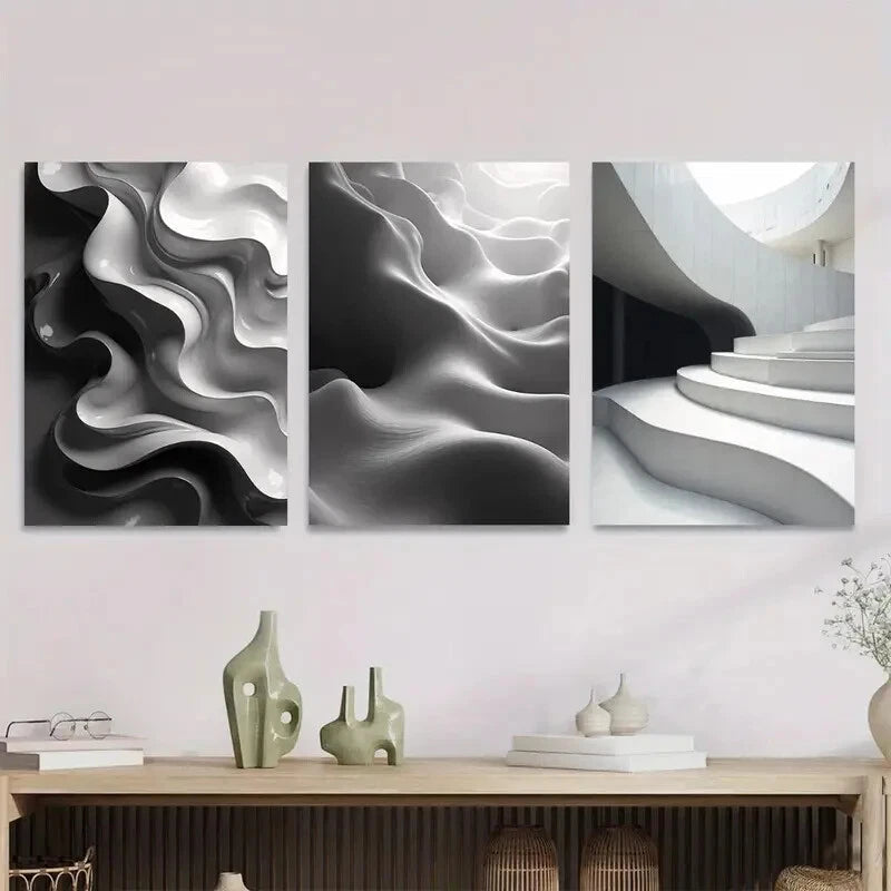 3pcs Modern Abstract Panel Black and White Wall Art Set Canvas Framed 40x60cm - High Quality Print 100% Australian Made Wall Canvas Ready to Hang