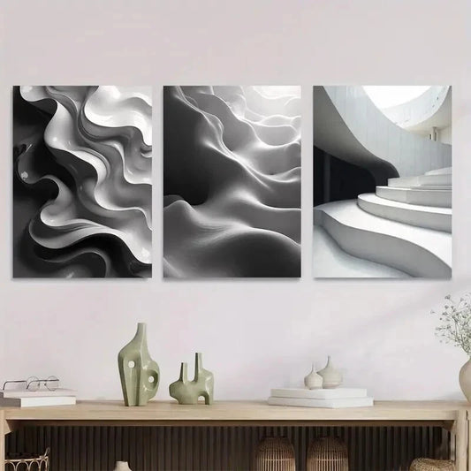 3pcs Modern Abstract Panel Black and White Wall Art Set Canvas Framed 40x60cm - High Quality Print 100% Australian Made Wall Canvas Ready to Hang