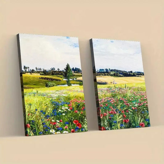 2pcsVibrant Floral Landscape Meadow Framed 50x75cm - High Quality Print 100% Australian Made Wall Canvas Ready to Hang