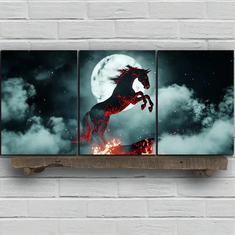 3pcs Abstract Horse and Moon Fire Metal Print Ready to Hang Art