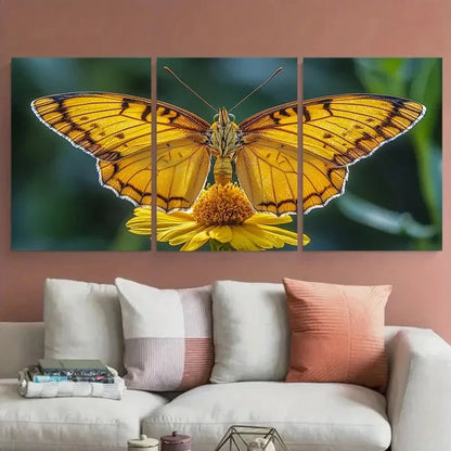 3pcs Vibrant Yellow Butterfly on Flower Nature Wall Art Set Canvas Framed 40x60cm - High Quality Print 100% Australian Made Wall Canvas Ready to Hang