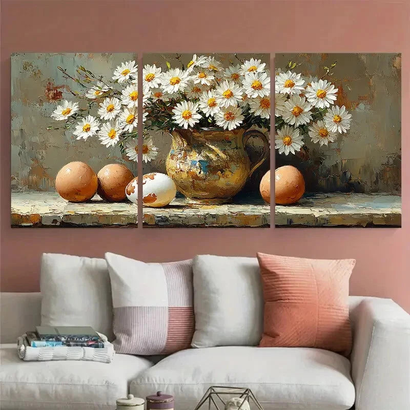 3pcs Daisy Flowers in a Pitcher with Eggshell Metal Print Ready to Hang Art