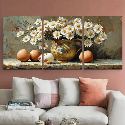 3pcs Daisy Flowers in a Pitcher with Eggshell Metal Print Ready to Hang Art