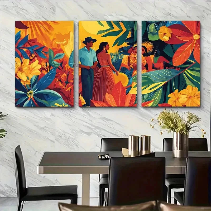 3pcs Colorful Floral & Cultural Scenes Metal Print Ready to Hang Art