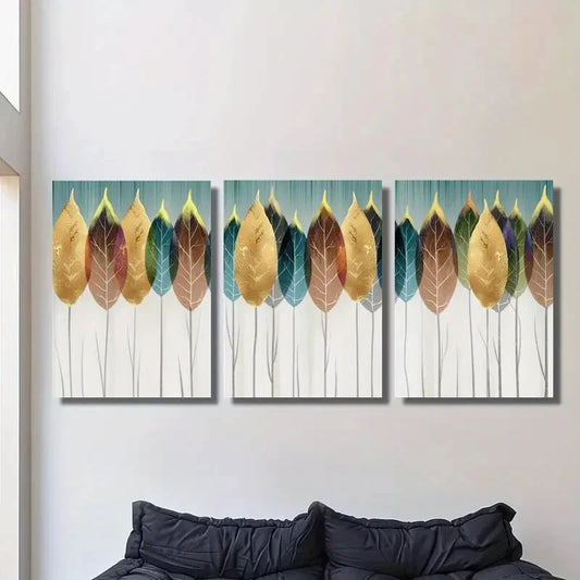 3pcs ,Fashion Aesthetic, Golden Leaf Design Metal Print Ready to Hang Art