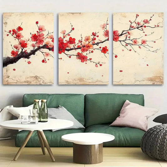 3pcs Cherry Blossom Chinoiserie Japanese Design Metal Print Ready to Hang Art