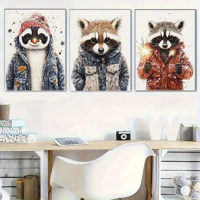 3pcs Penguins and Raccoons in Cozy Jackets Metal Print Ready to Hang Art