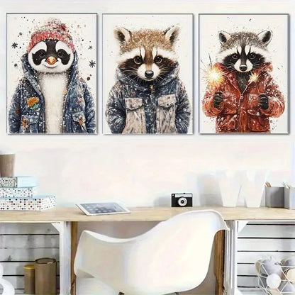 3pcs Penguins and Raccoons in Cozy Jackets Metal Print Ready to Hang Art