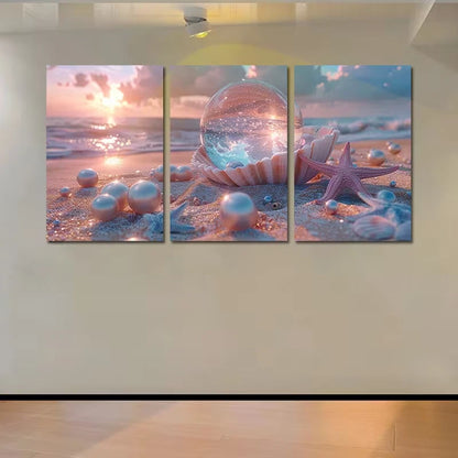 3pcs Opalescent Crystal Ball & Seashell Design Wall Art Set Canvas Framed 60x90cm - High Quality Print 100% Australian Made Wall Canvas Ready to Hang