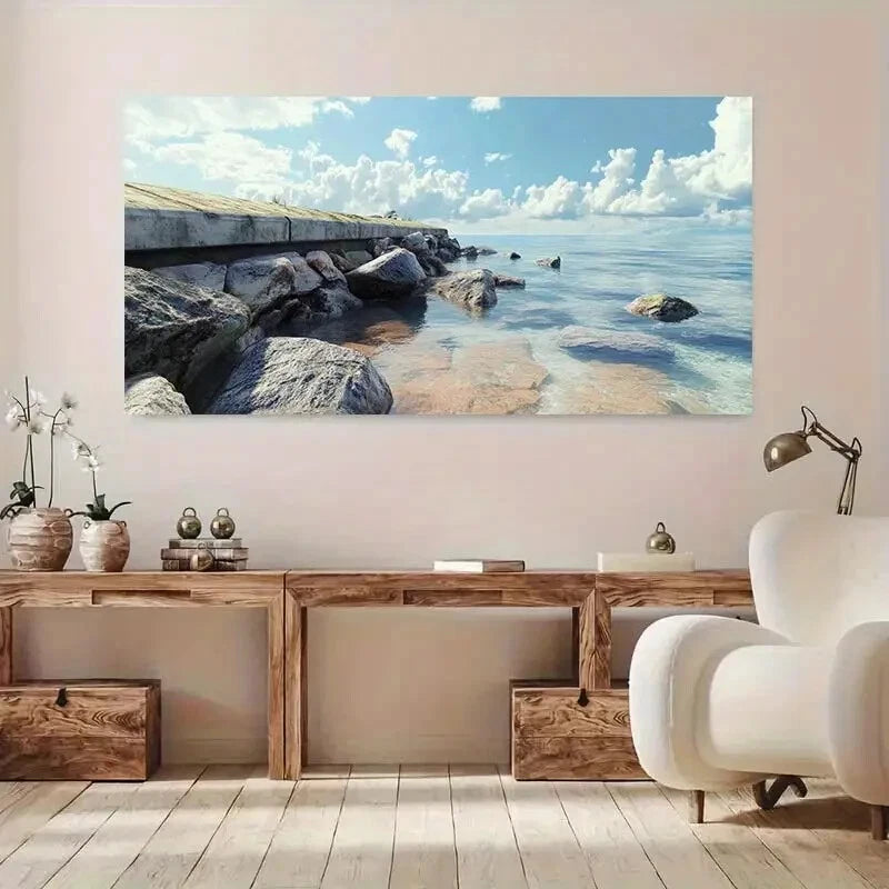 Coastal Wharf Serene Sea wall canvas office home room framed 120x60cm - Bella Home Decor