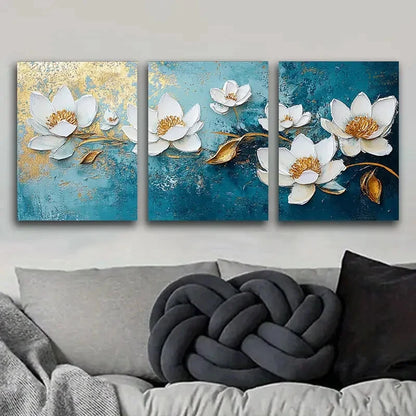 3pcs  White Flowers on Blue Background  Metal Print Ready to Hang Art