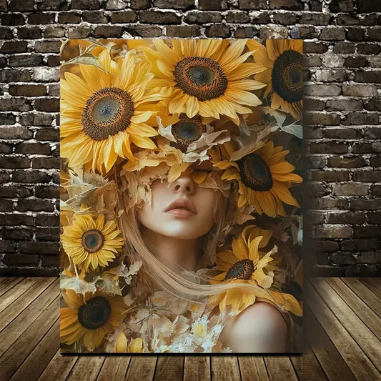 Stunning Sunflower Design with Elegant Woman 40x60cm Metal Print Ready to Hang