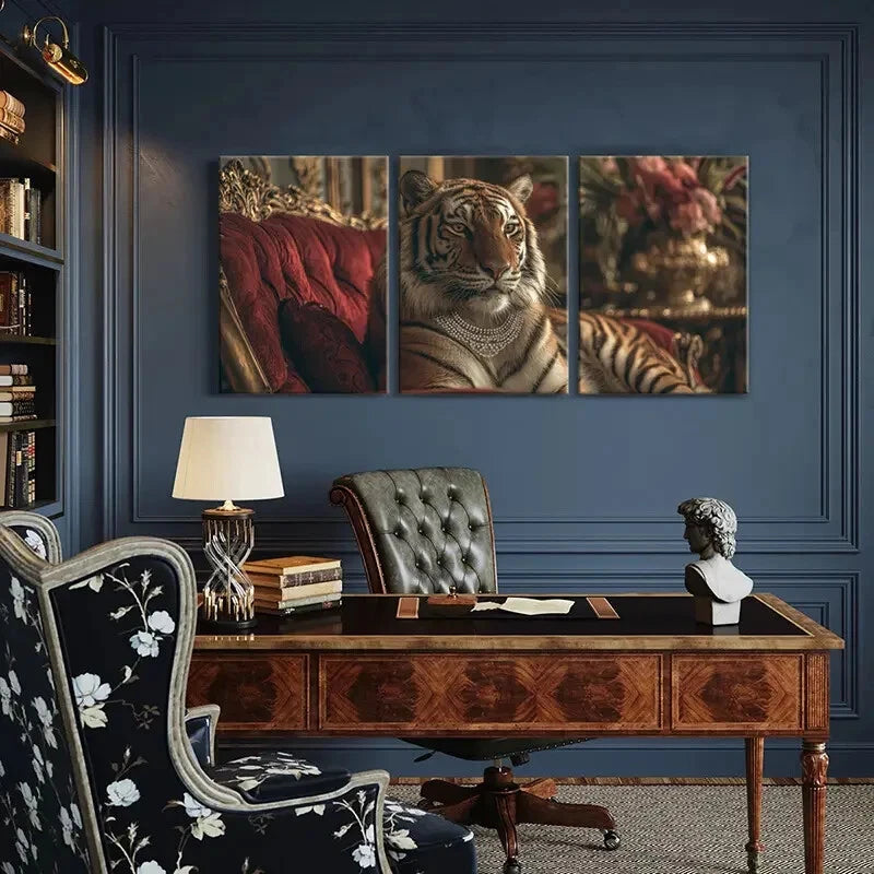 3pcs Elegant Tiger Luxury Sofa Ornate Metal Print Ready to Hang Art