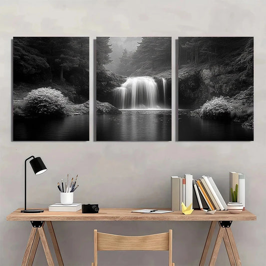 3pcs Black and White Waterfall Serene Forest Wall Art Set Canvas Framed 50x70cm - High Quality Print 100% Australian Made Wall Canvas Ready to Hang