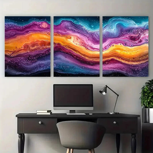 3pcs Vibrant Fluid Acrylic Pour Modern Design Metal Print Ready to Hang Art