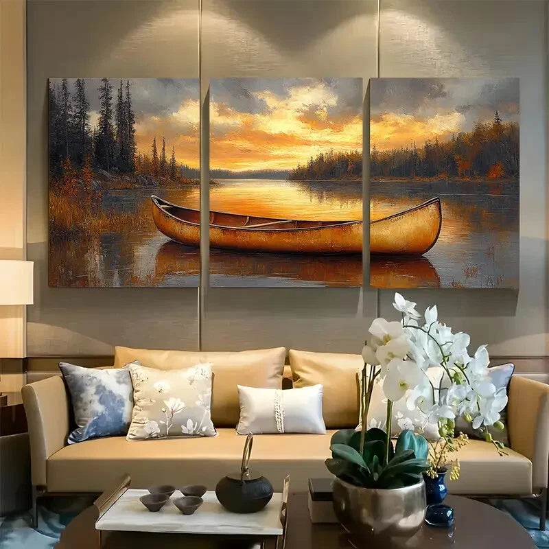 3pcs Vibrant Canoe in Lakehouse Metal Print Ready to Hang Art