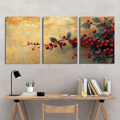 3pcs Golden-Toned Holly Branches with Red Berries Metal Print Ready to Hang Art