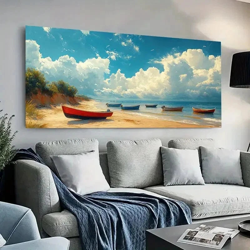 Coastal Sky with Red Boats wall canvas office home room framed 120x60cm - Bella Home Decor