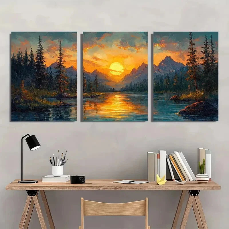 3pcs Mountain Sunrise Warm Golden Skies over Deep Metal Print Ready to Hang Art