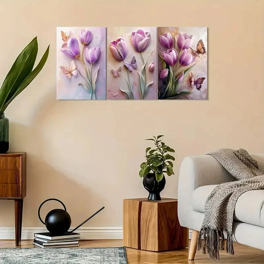 3pcs Purple Tulip And Butterfly Decoration Metal Print Ready to Hang Art