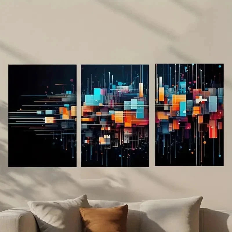 3pcs Abstract Colorful Squares And Lines Wall Art Set Canvas Framed 40x60cm - High Quality Print 100% Australian Made Wall Canvas Ready to Hang
