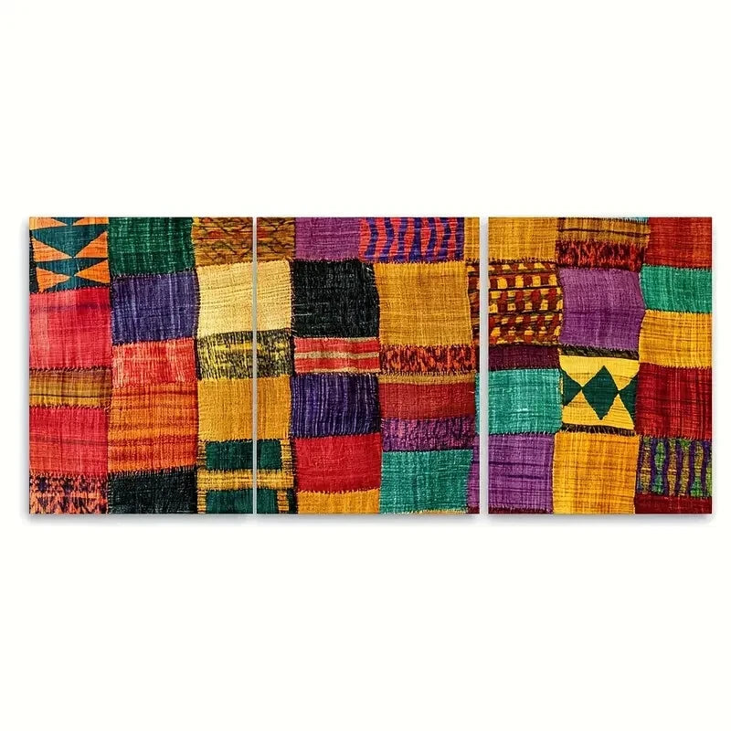 3pcs Ethiopian Handwoven Textile Rustic African Metal Print Ready to Hang Art