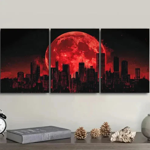 3pcs Big Red Moon Over Cityscape Wall Art Set Canvas Unframed - High Quality Print 100% Australian Made Wall Canvas