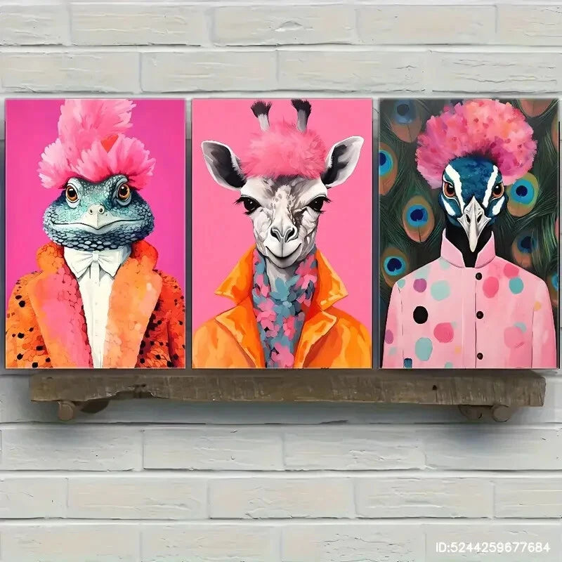 3pcs Funky Animal Fashion Portraits Colorful Trendy Metal Print Ready to Hang