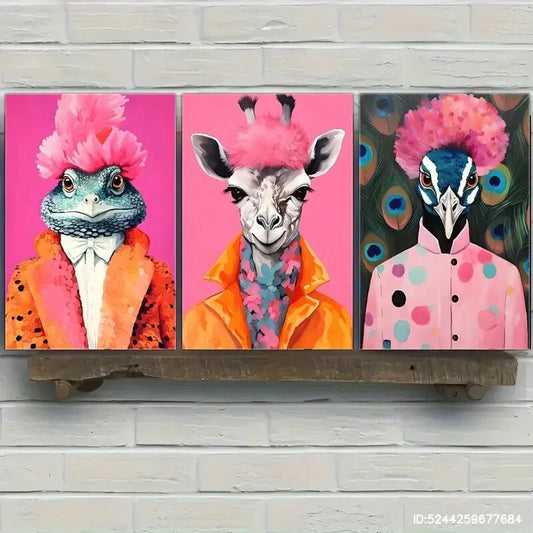 3pcs Funky Animal Fashion Portraits Colorful Trendy Metal Print Ready to Hang