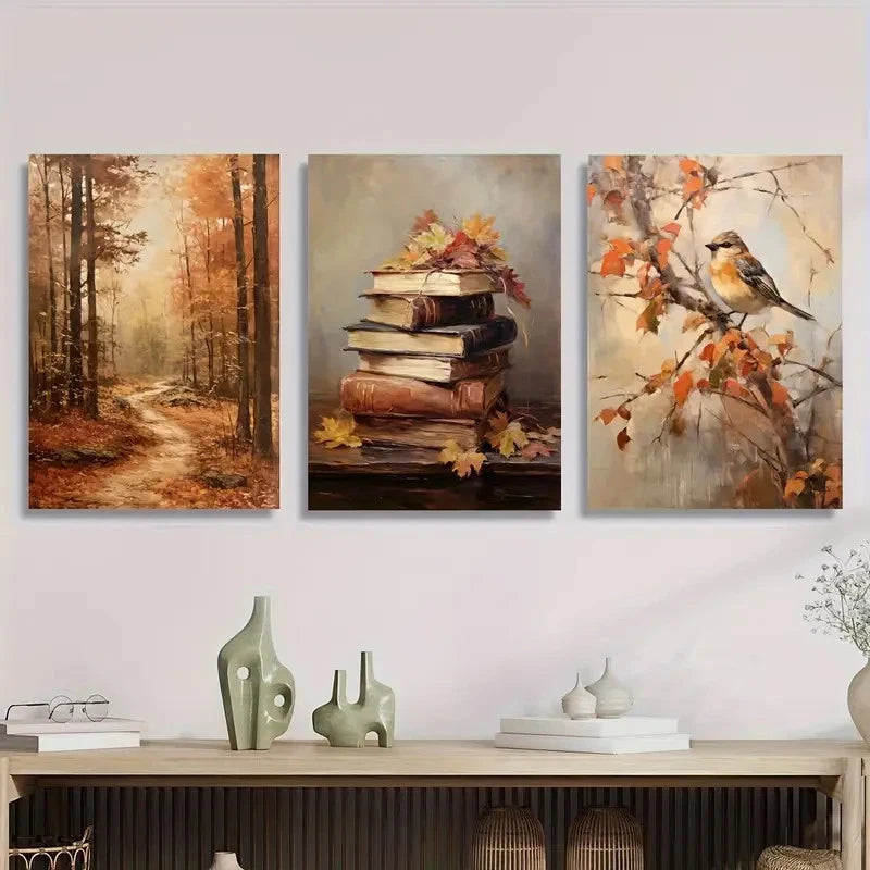 3pcs Vintage Autumn Scene with European Realism Metal Print Ready to Hang Art