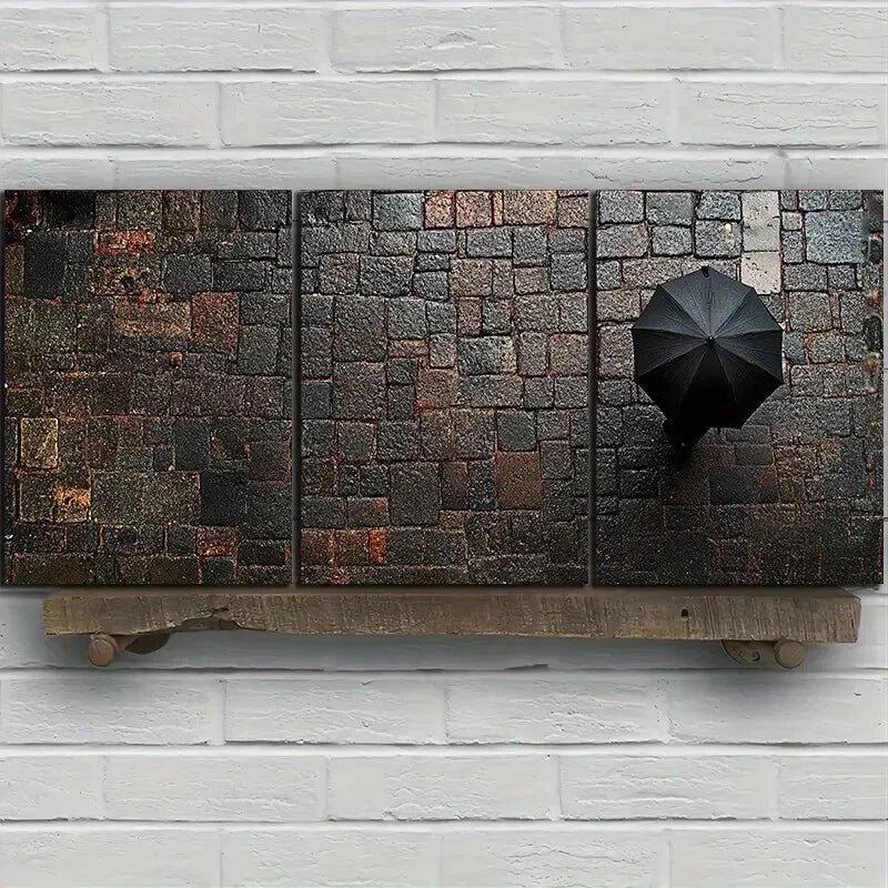 3pcs People holding red Umbrellas on Rainy Metal Print Ready to Hang Art