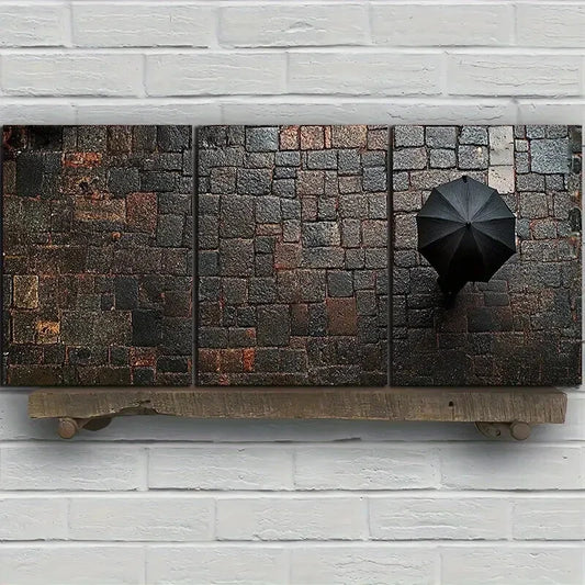 3pcs People holding red Umbrellas on Rainy Metal Print Ready to Hang Art