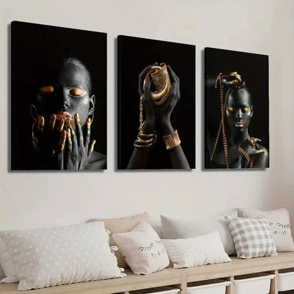 3pcs Black Woman Hands Wearing Golden Jewelry Wall Art Set Canvas Unframed - High Quality Print 100% Australian Made Wall Canvas