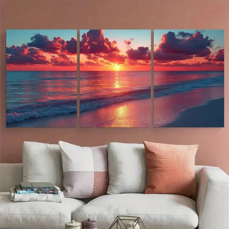 3pcs Vibrant Beach Seashore Sunset Illustration Metal Print Ready to Hang Art