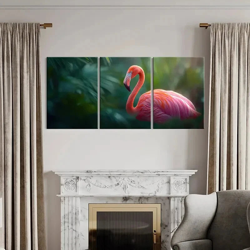 3pcs Flamingo Illustration Tropical Jungle Scene Metal Print Ready to Hang Art