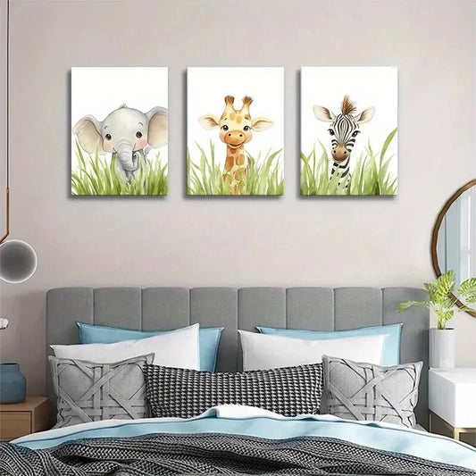 3pcs Elephant Giraffe Zebra Nursery Metal Print Ready to Hang Art