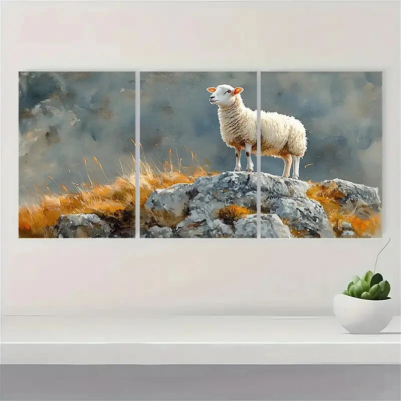 3pcs Landscape Sheep Painting - Pastoral Metal Print Ready to Hang Art