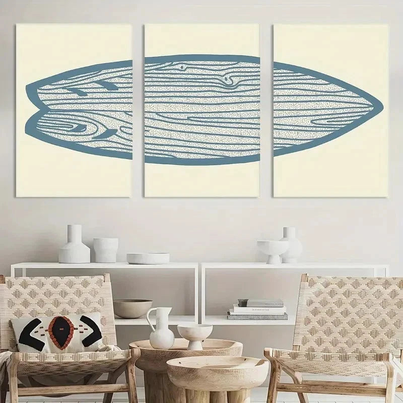 3pcs Blue Watercolor Line Surfboard Painting Metal Print Ready to Hang Art