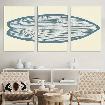 3pcs Blue Watercolor Line Surfboard Painting Metal Print Ready to Hang Art