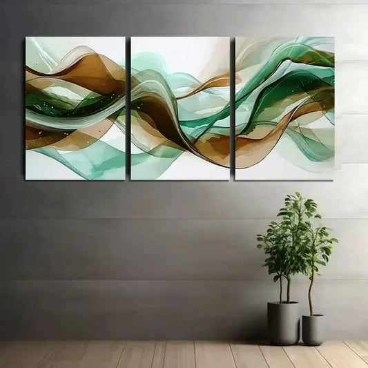 3pcs Abstract Flowing Wave of Green and Brown Metal Print Ready to Hang Art